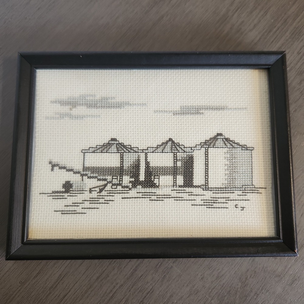 Vintage Framed Cross Stitch Grain Silos Farmhouse Art Monochrome Country Decor